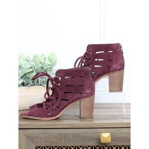 Vince Camuto Tressa Lace Up Sandal Bootie Burgundy Suede Cutout Block Heel 6.5